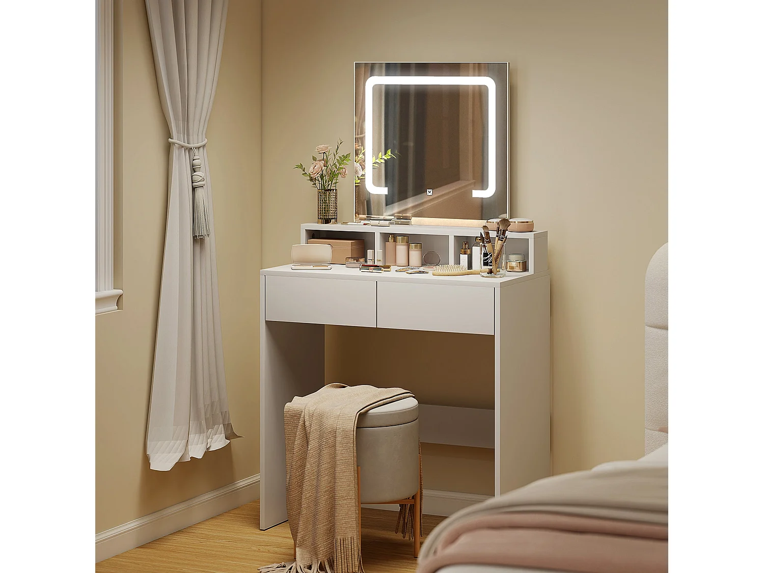 Linora Roso White Dressing Table with LED Mirror and Built in Storage