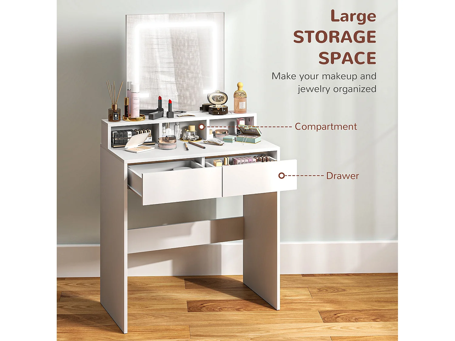 Linora Roso White Dressing Table with LED Mirror and Built in Storage