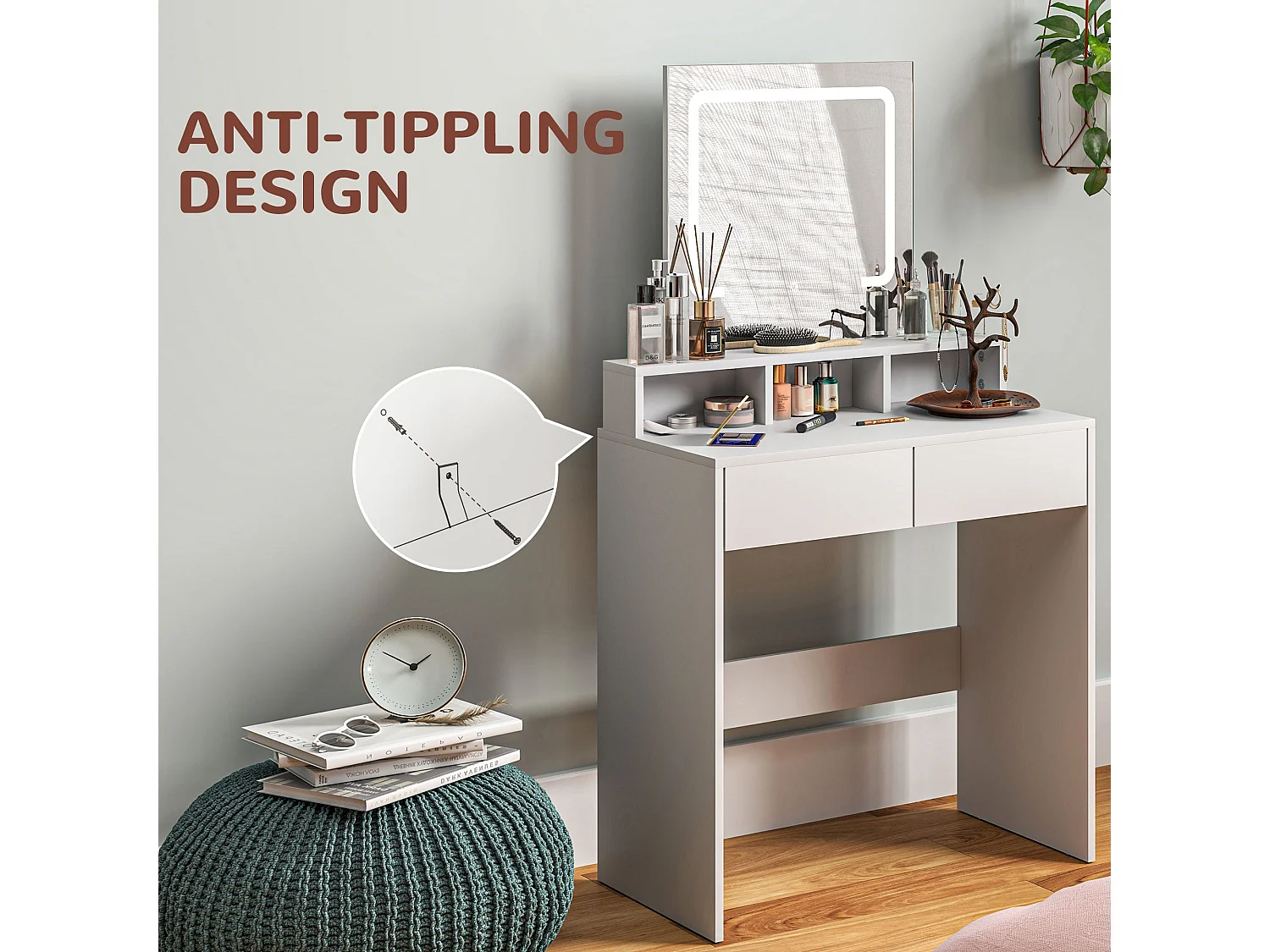 Linora Roso White Dressing Table with LED Mirror and Built in Storage