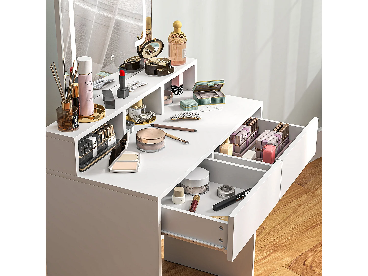 Linora Roso White Dressing Table with LED Mirror and Built in Storage