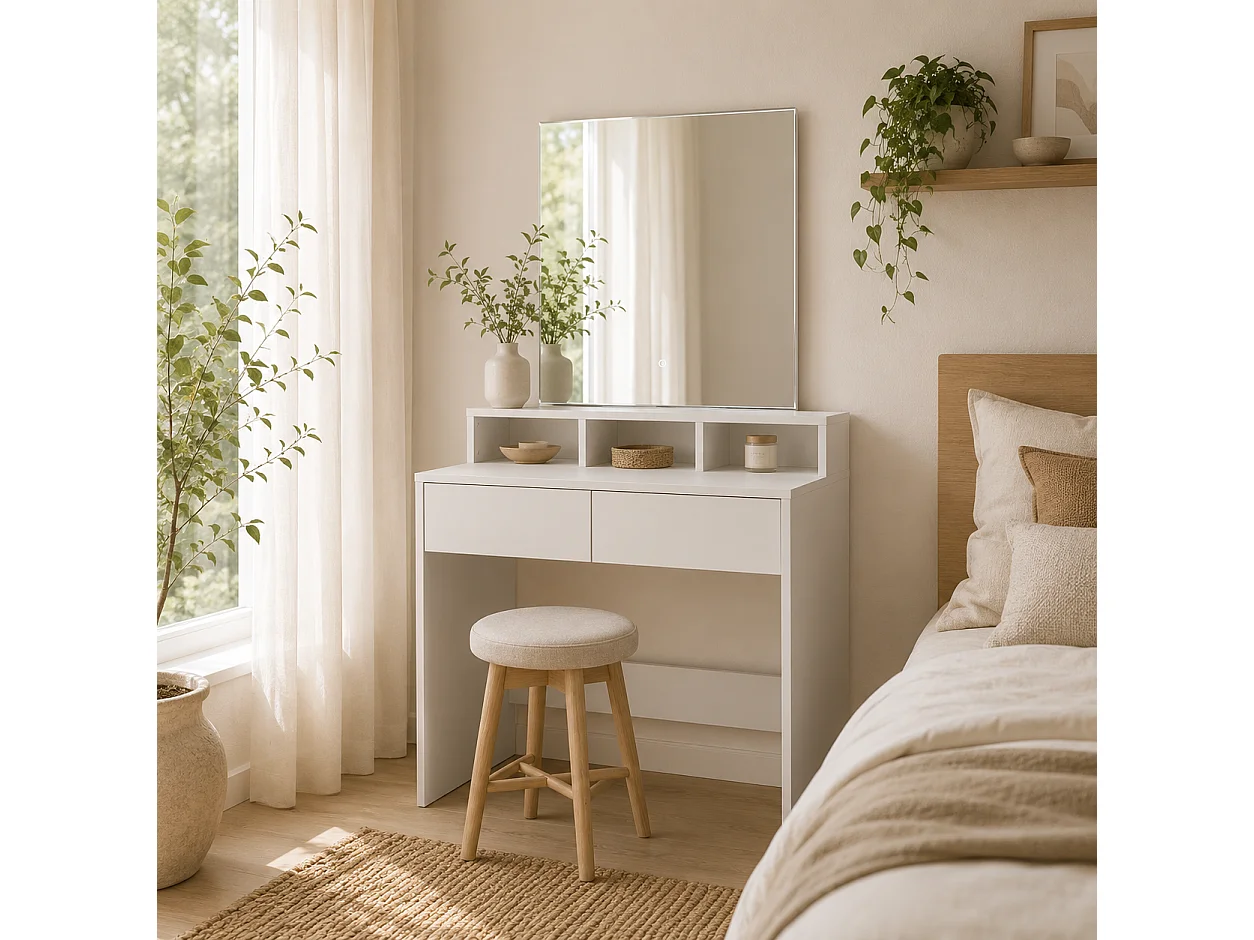 Linora Roso White Dressing Table with LED Mirror and Built in Storage