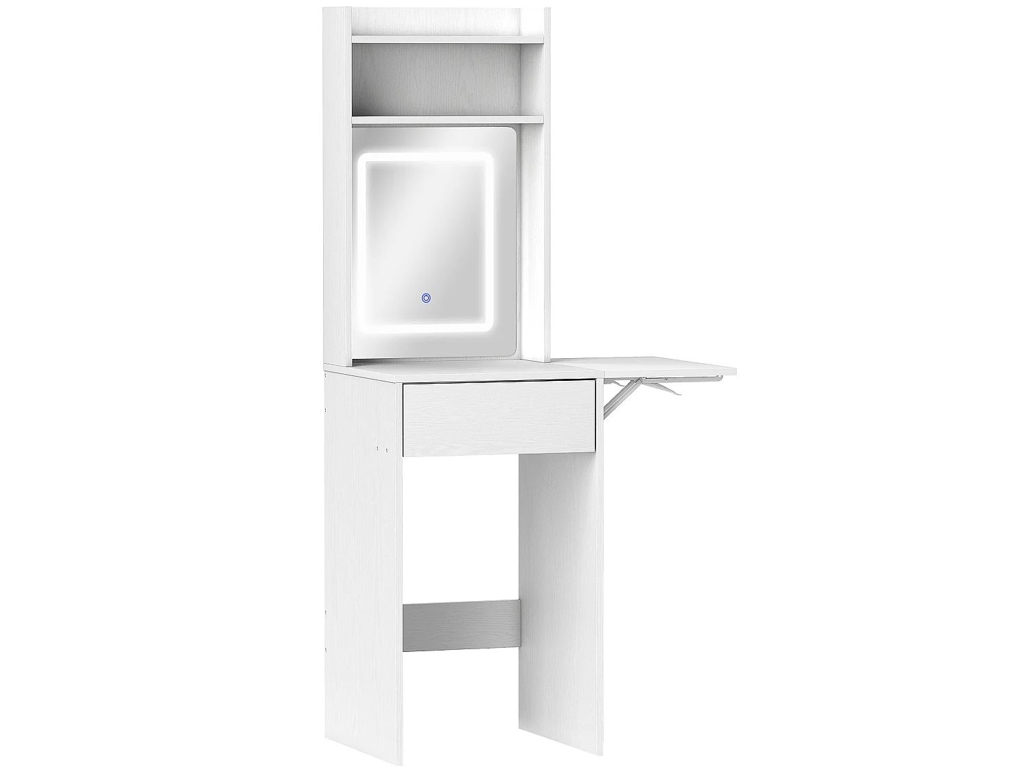 Ravitti Compact White Vanity Desk with LED Mirror Drop Leaf and Open Shelves