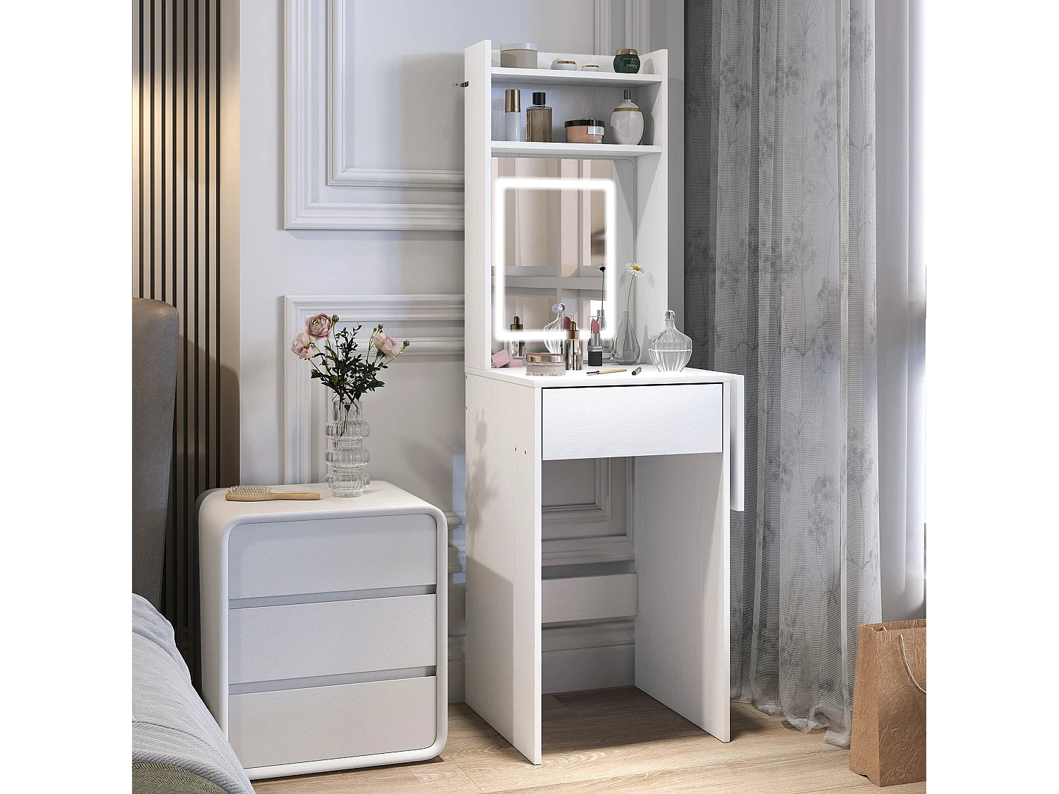 Ravitti Compact White Vanity Desk with LED Mirror Drop Leaf and Open Shelves