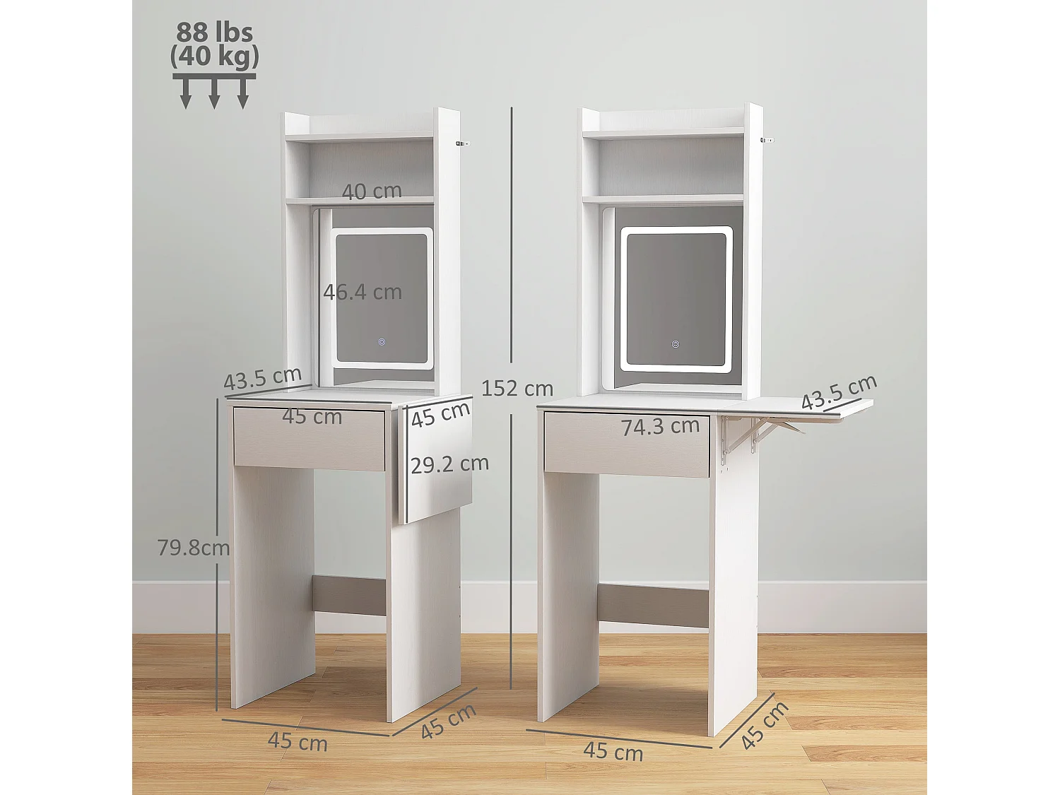 Ravitti Compact White Vanity Desk with LED Mirror Drop Leaf and Open Shelves