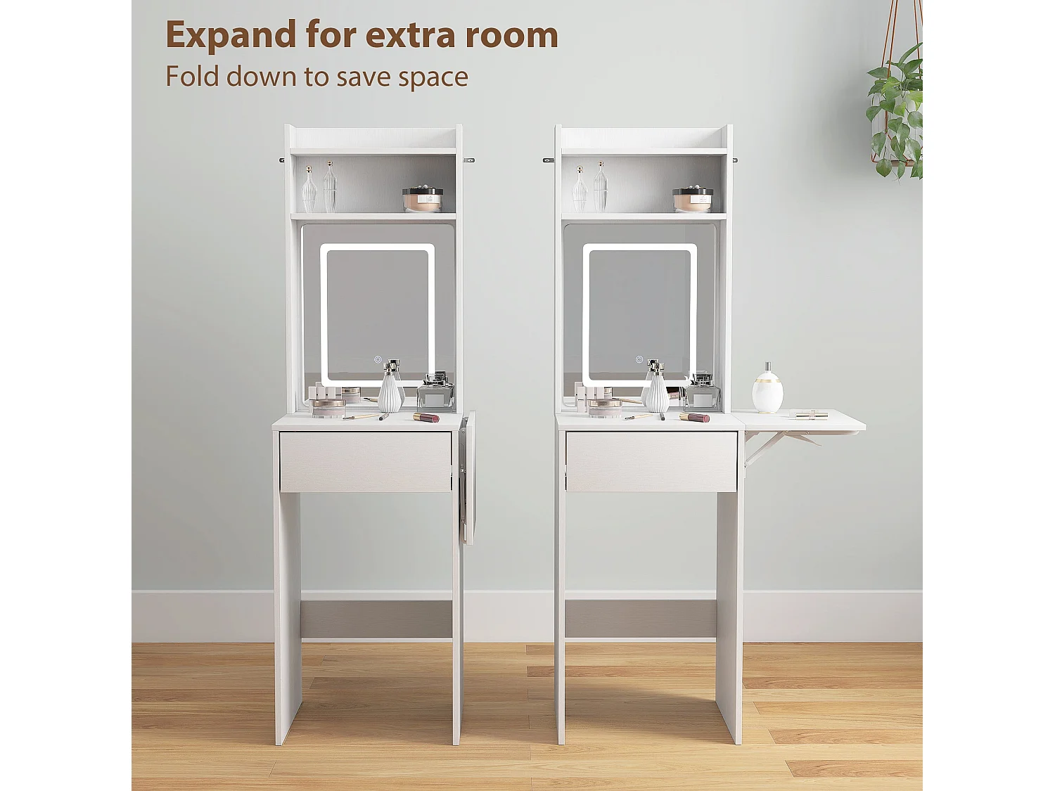 Ravitti Compact White Vanity Desk with LED Mirror Drop Leaf and Open Shelves