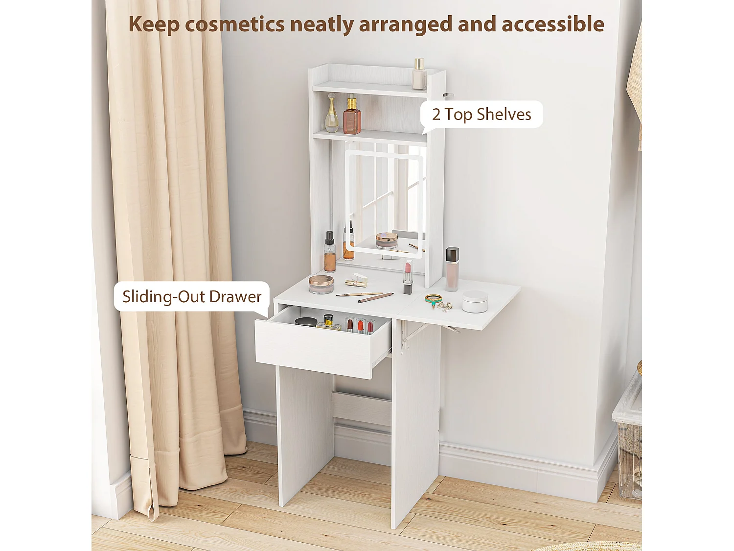 Ravitti Compact White Vanity Desk with LED Mirror Drop Leaf and Open Shelves