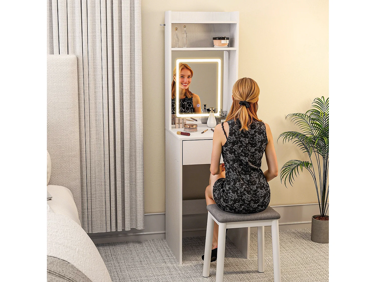 Ravitti Compact White Vanity Desk with LED Mirror Drop Leaf and Open Shelves