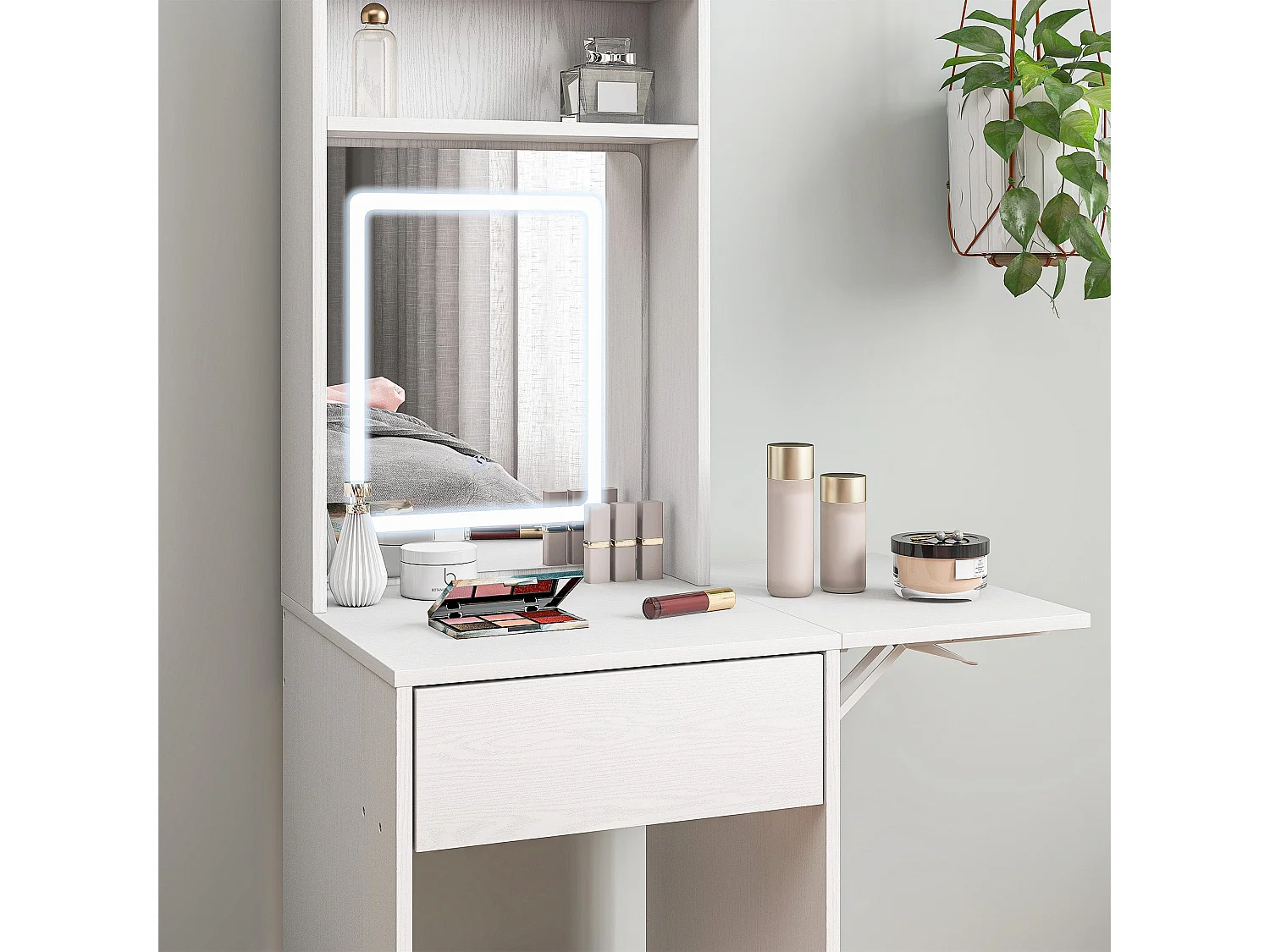 Ravitti Compact White Vanity Desk with LED Mirror Drop Leaf and Open Shelves