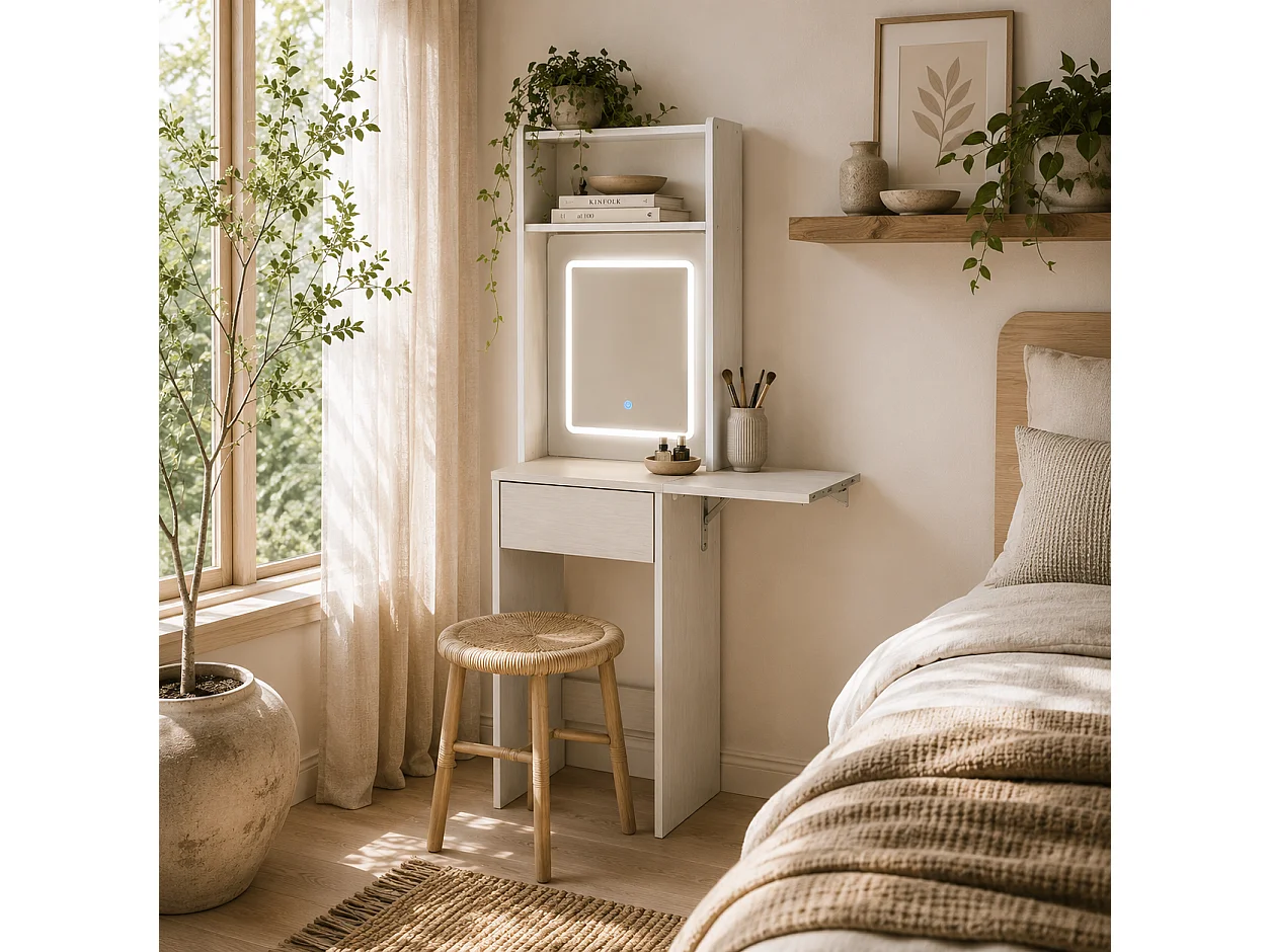 Ravitti Compact White Vanity Desk with LED Mirror Drop Leaf and Open Shelves