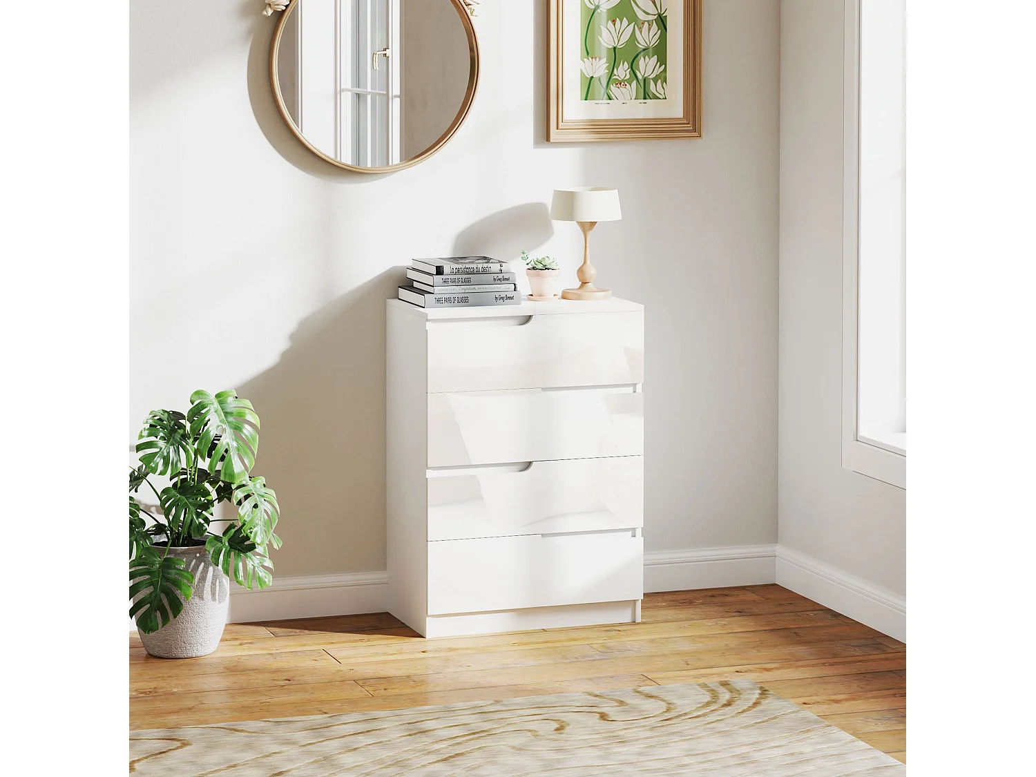 High Gloss White 4 Drawer Chest Compact Modern Dresser