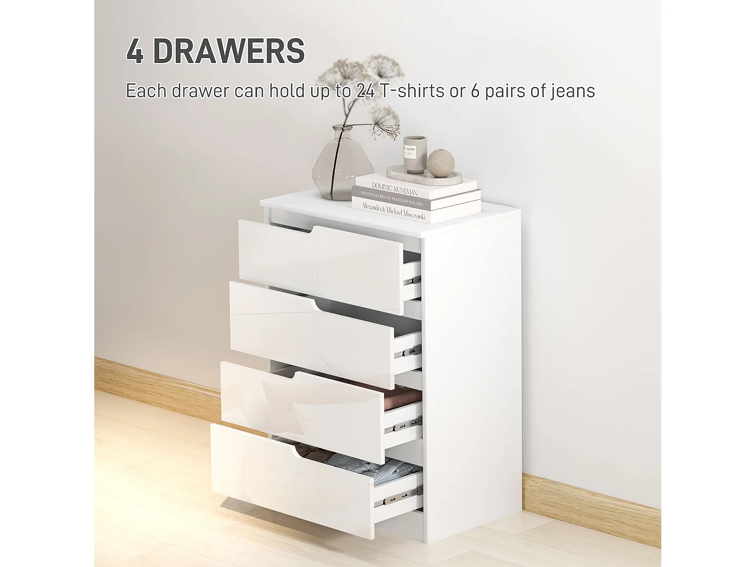 High Gloss White 4 Drawer Chest Compact Modern Dresser