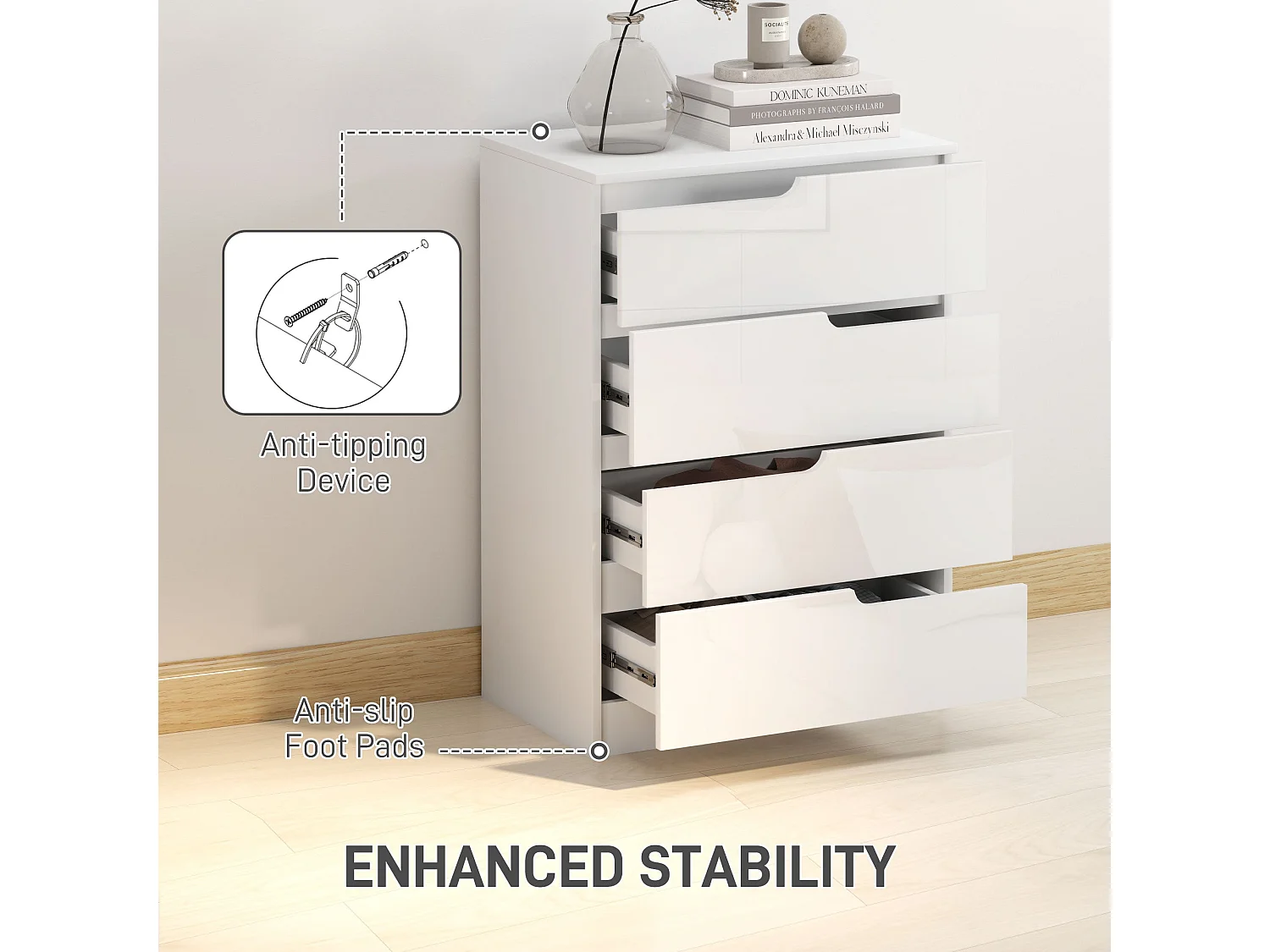 High Gloss White 4 Drawer Chest Compact Modern Dresser