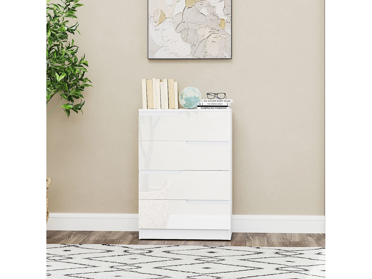 High Gloss White 4 Drawer Chest Compact Modern Dresser