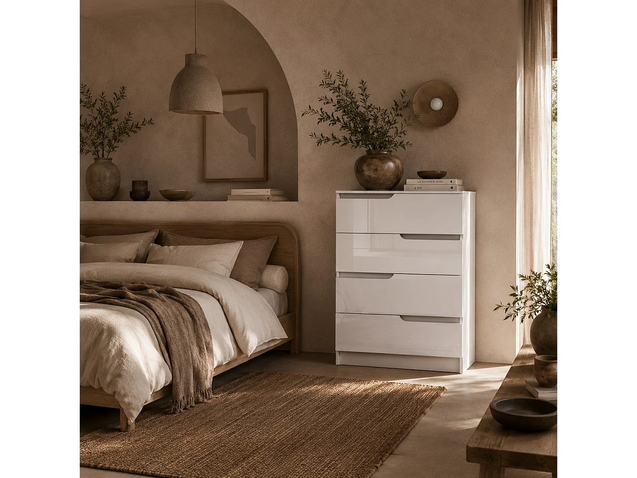 High Gloss White 4 Drawer Chest Compact Modern Dresser