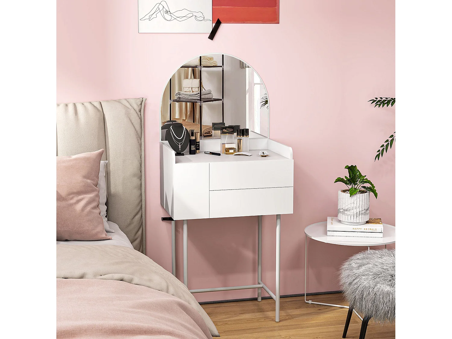 Panina White Compact Dressing Table with 3 Drawers and Arched Mirror
