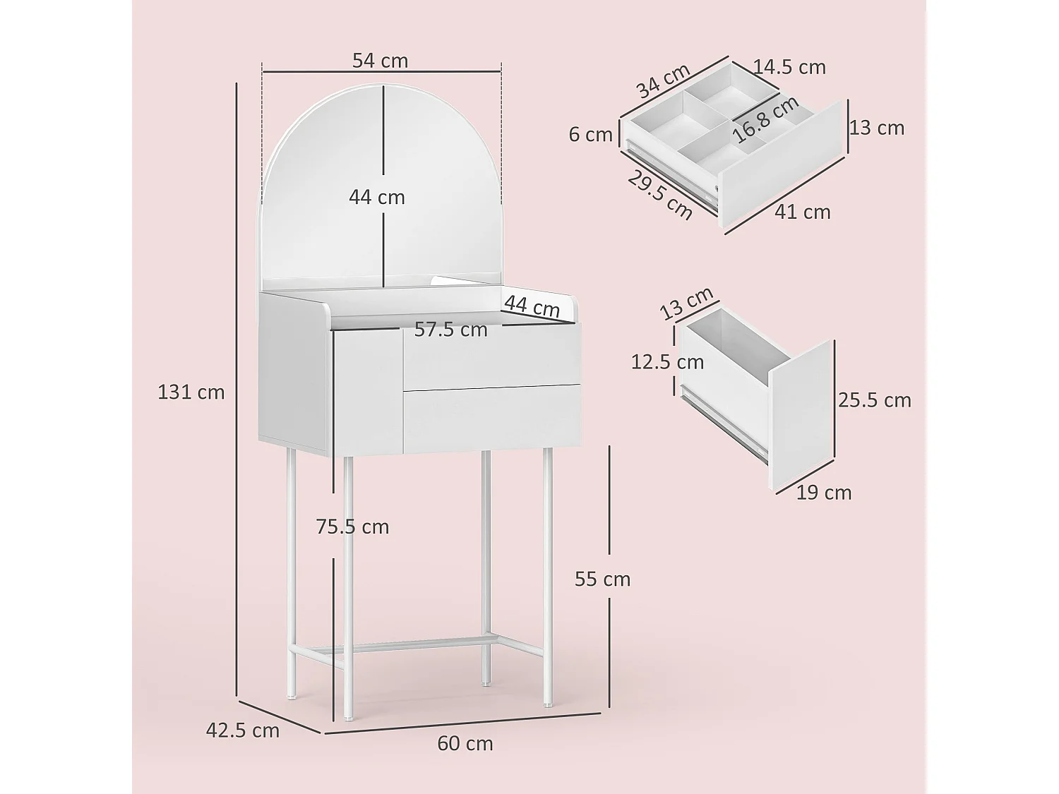 Panina White Compact Dressing Table with 3 Drawers and Arched Mirror