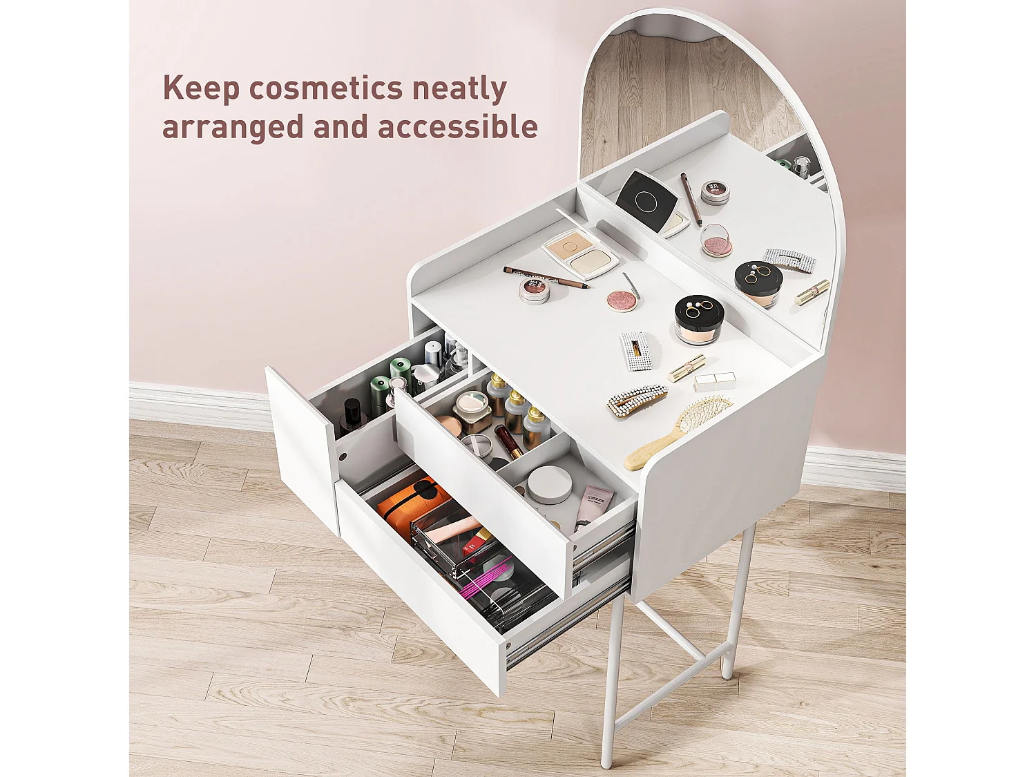 Panina White Compact Dressing Table with 3 Drawers and Arched Mirror