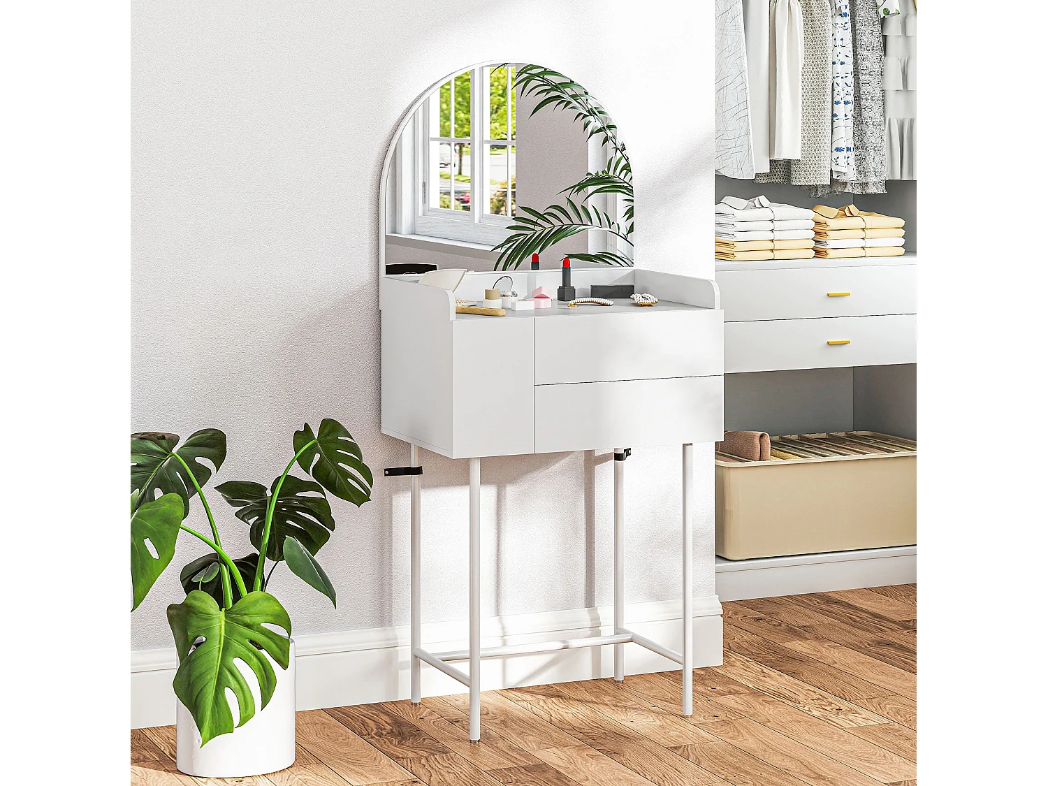 Panina White Compact Dressing Table with 3 Drawers and Arched Mirror