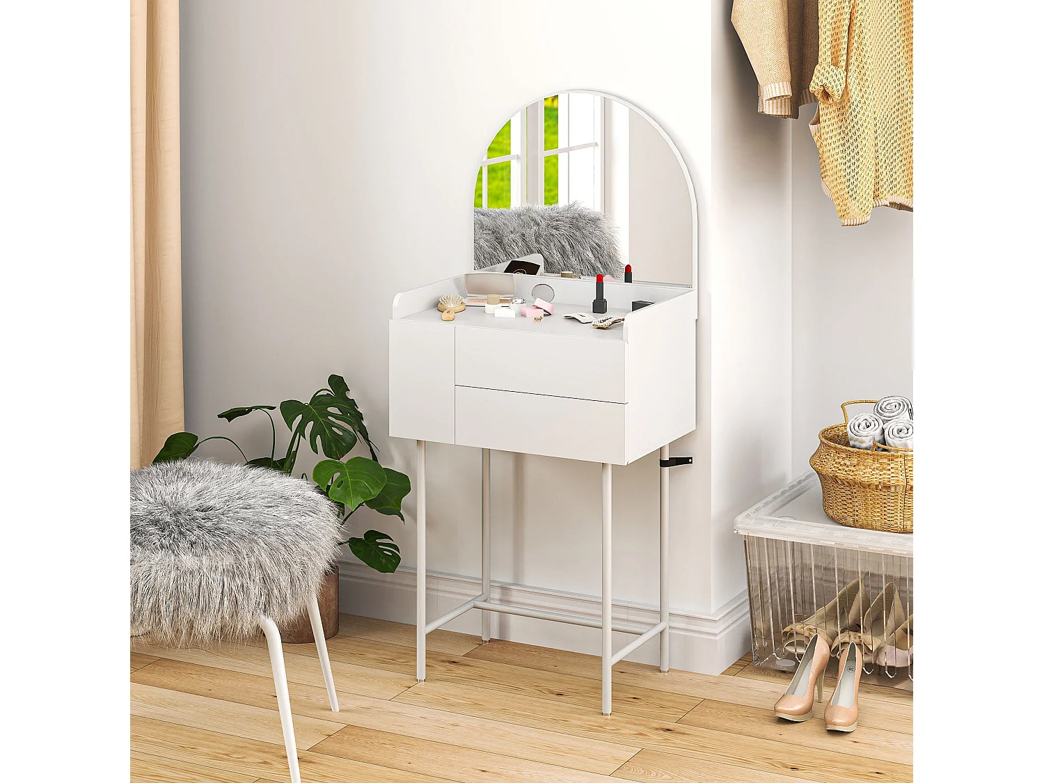 Panina White Compact Dressing Table with 3 Drawers and Arched Mirror