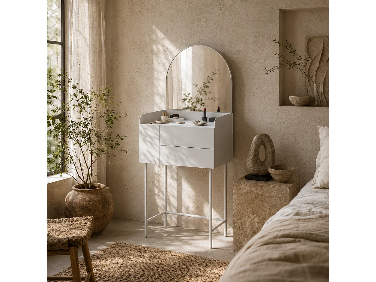 Panina White Compact Dressing Table with 3 Drawers and Arched Mirror