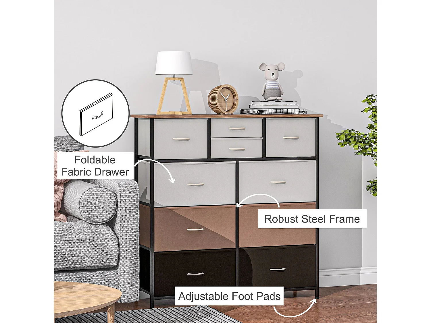 Sare Multicolour 10 Drawer Fabric Dresser with Foldable Drawers and Steel Frame