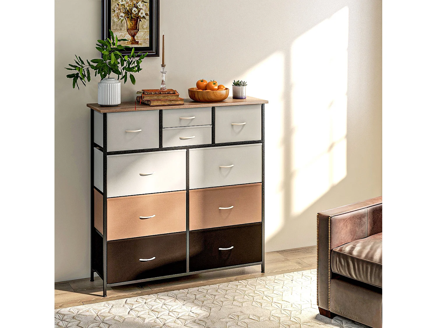Sare Multicolour 10 Drawer Fabric Dresser with Foldable Drawers and Steel Frame