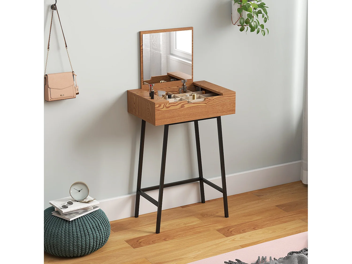 Fino Leri Natural Wood Effect Industrial Vanity Desk with Flip Up Mirror and 16 Hidden Compartments