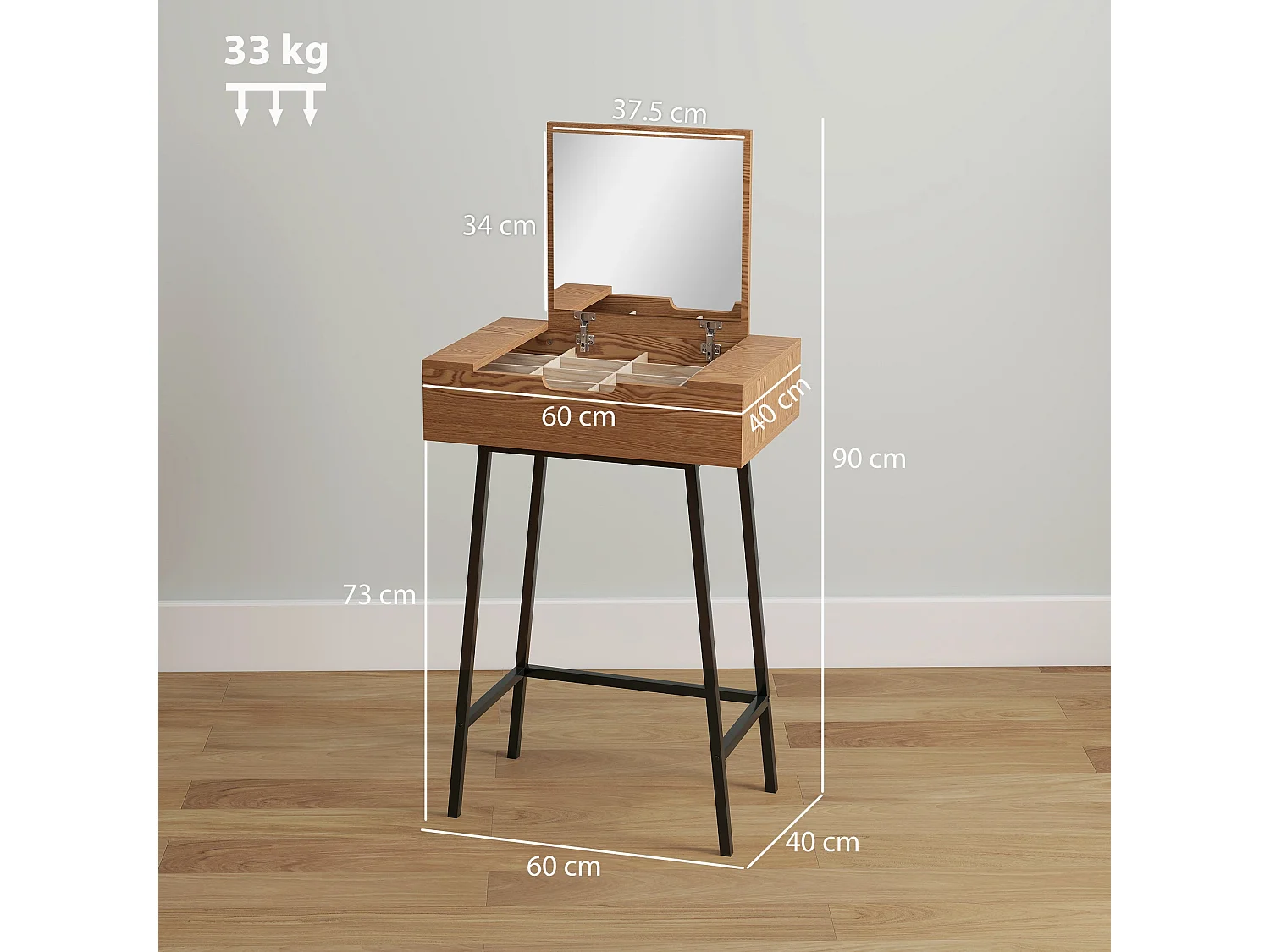 Fino Leri Natural Wood Effect Industrial Vanity Desk with Flip Up Mirror and 16 Hidden Compartments