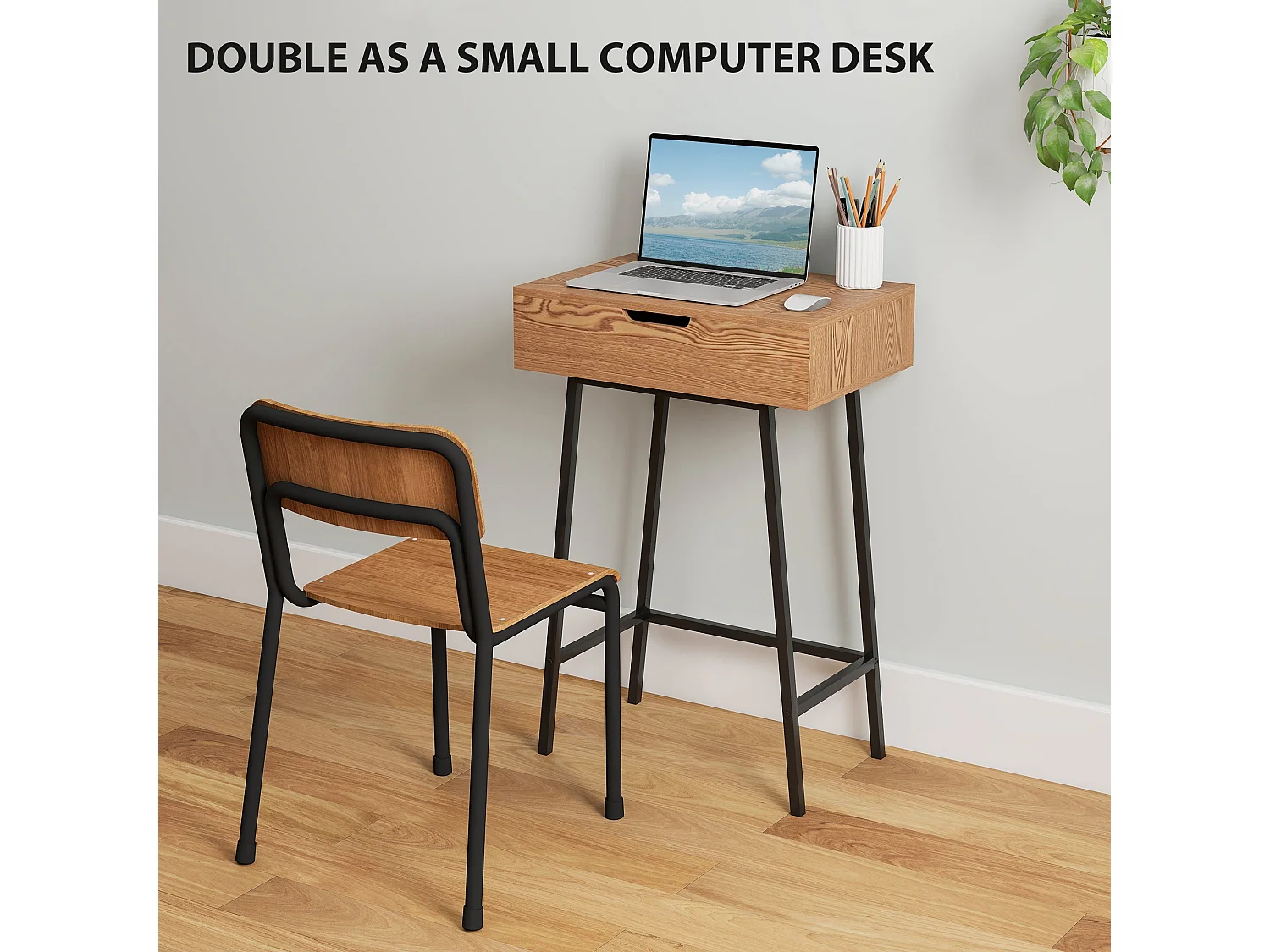 Fino Leri Natural Wood Effect Industrial Vanity Desk with Flip Up Mirror and 16 Hidden Compartments