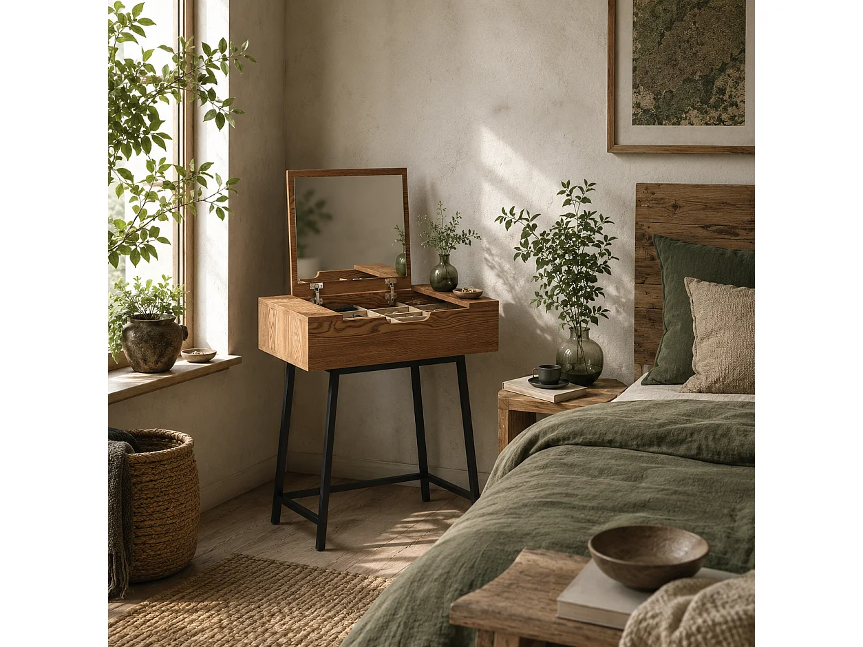 Fino Leri Natural Wood Effect Industrial Vanity Desk with Flip Up Mirror and 16 Hidden Compartments
