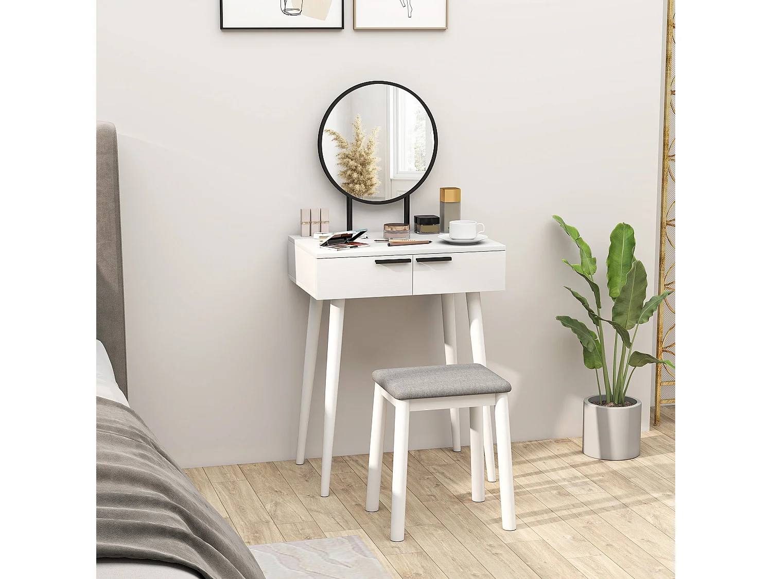 Comika White Dressing Table and Stool Set with Round Mirror 2 Drawers 60 x 40 x 123cm