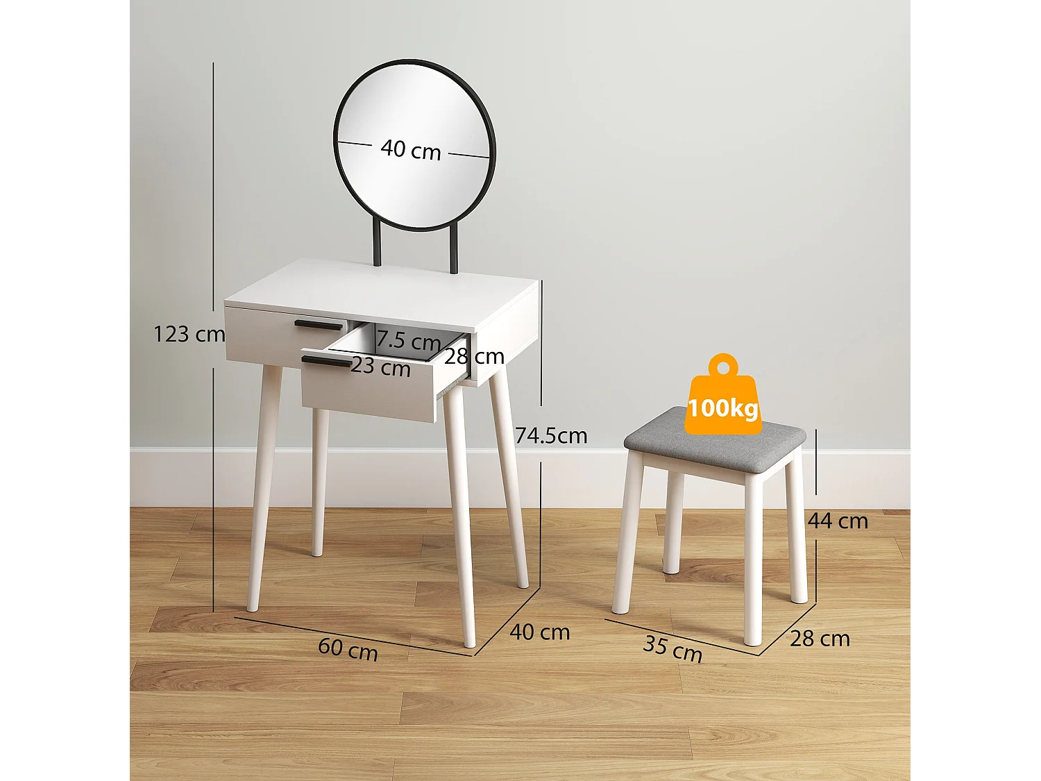 Comika White Dressing Table and Stool Set with Round Mirror 2 Drawers 60 x 40 x 123cm