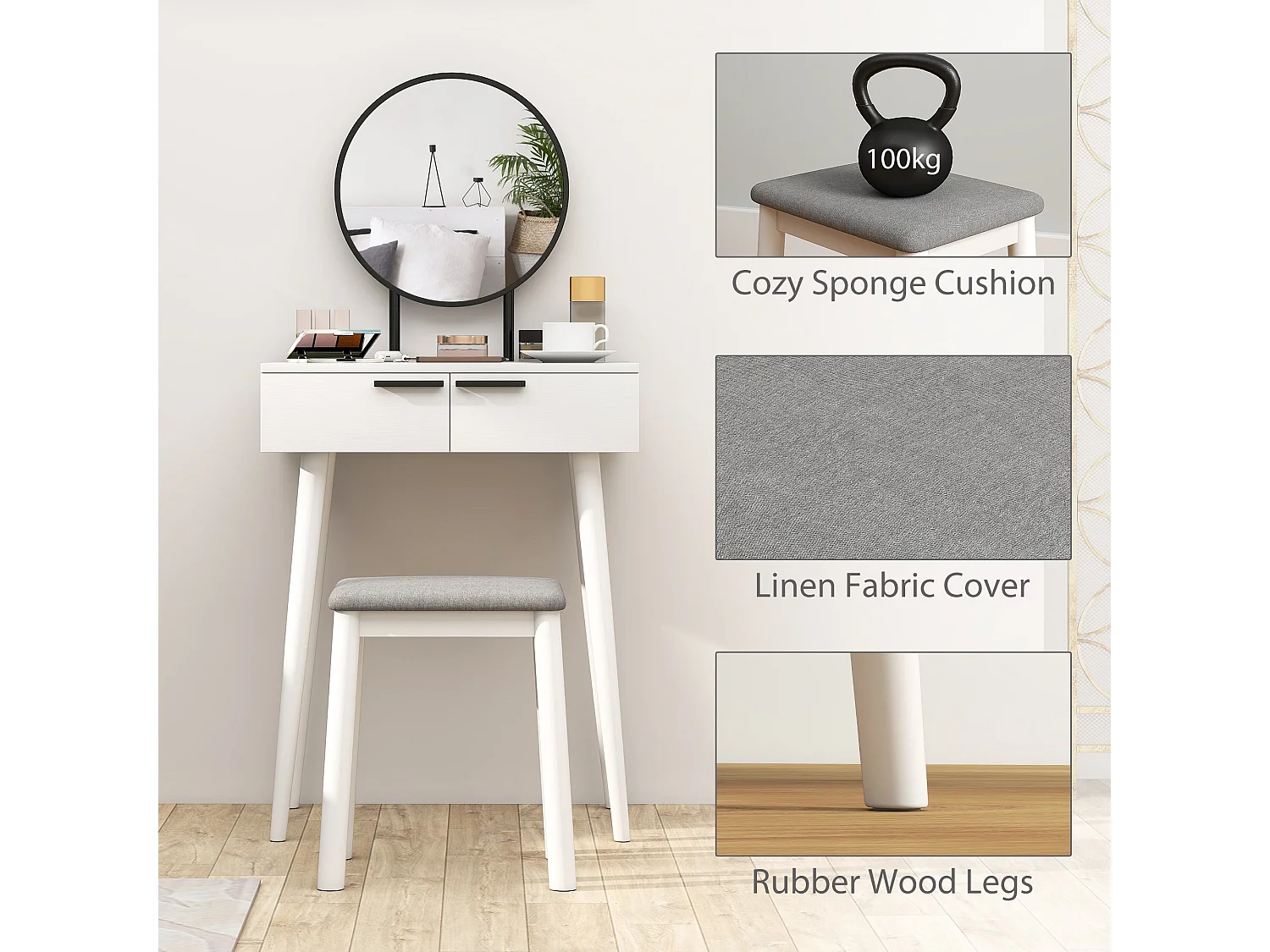 Comika White Dressing Table and Stool Set with Round Mirror 2 Drawers 60 x 40 x 123cm