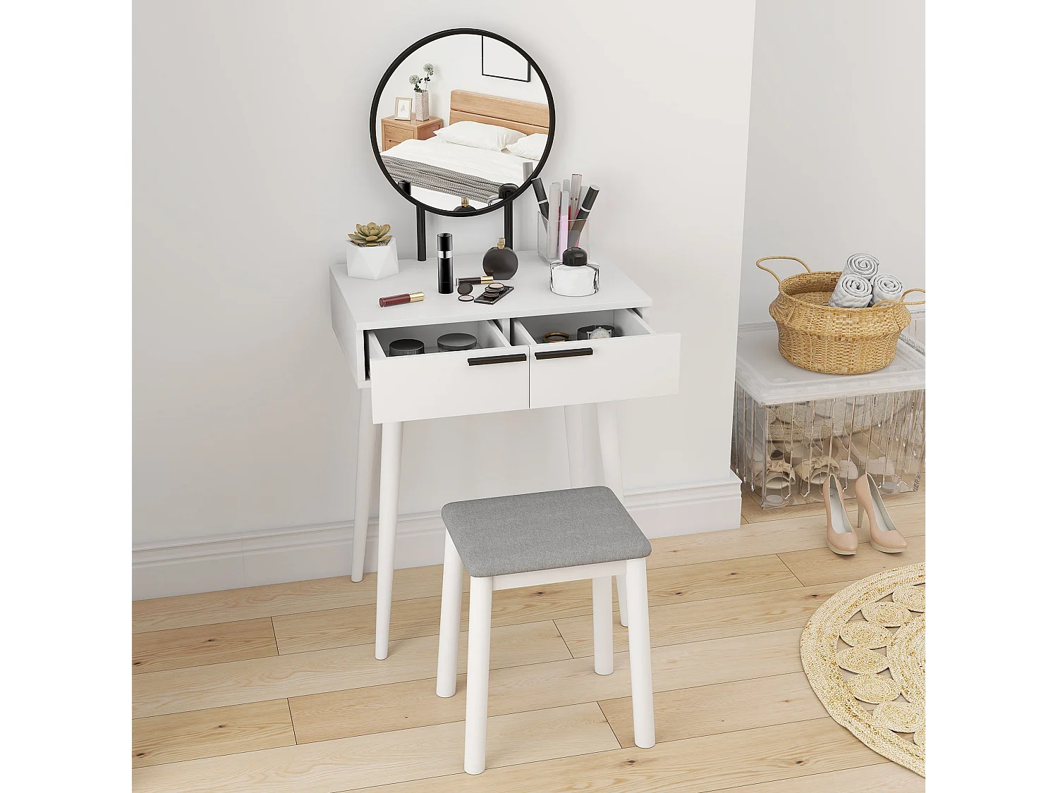 Comika White Dressing Table and Stool Set with Round Mirror 2 Drawers 60 x 40 x 123cm