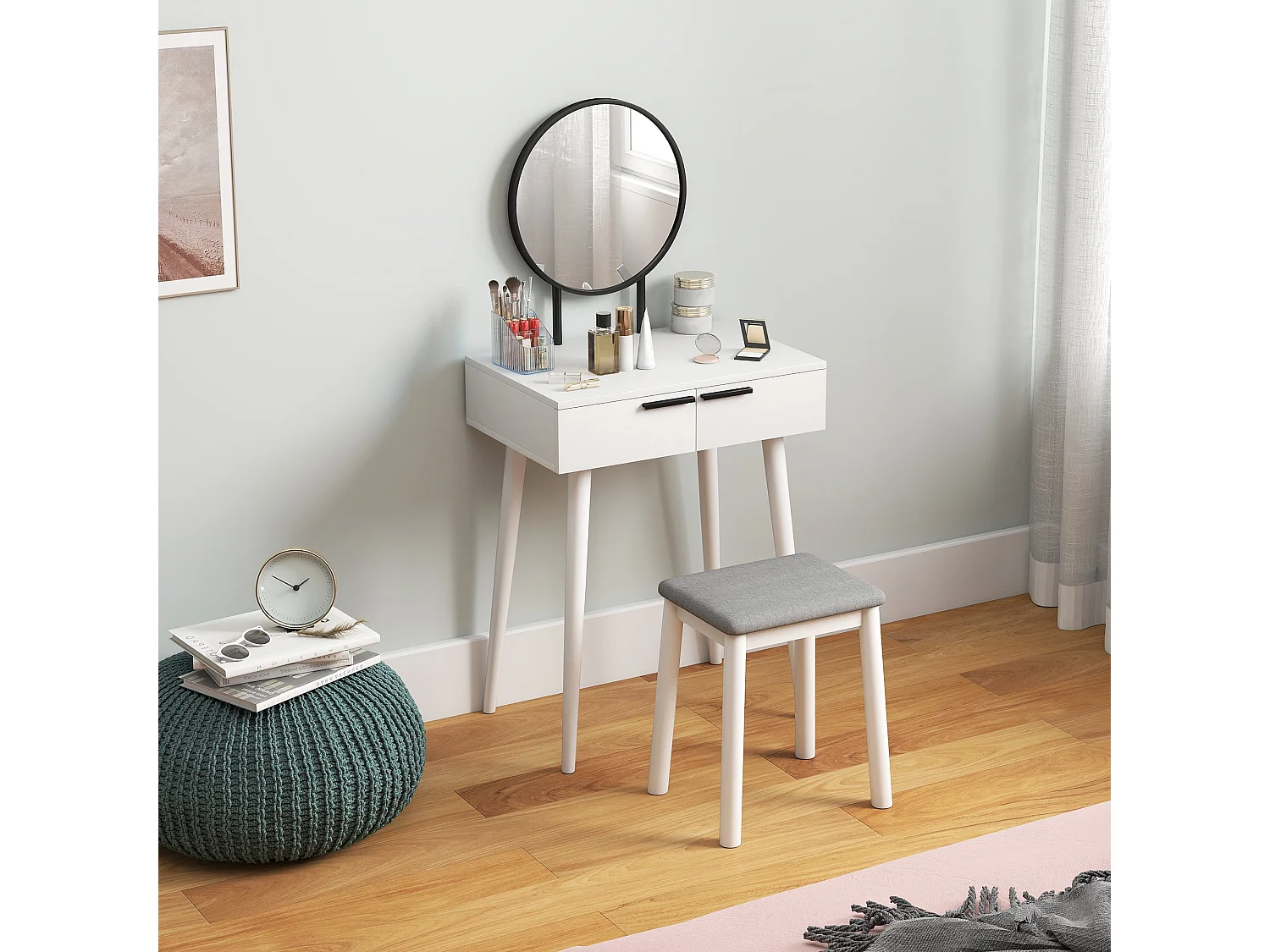Comika White Dressing Table and Stool Set with Round Mirror 2 Drawers 60 x 40 x 123cm
