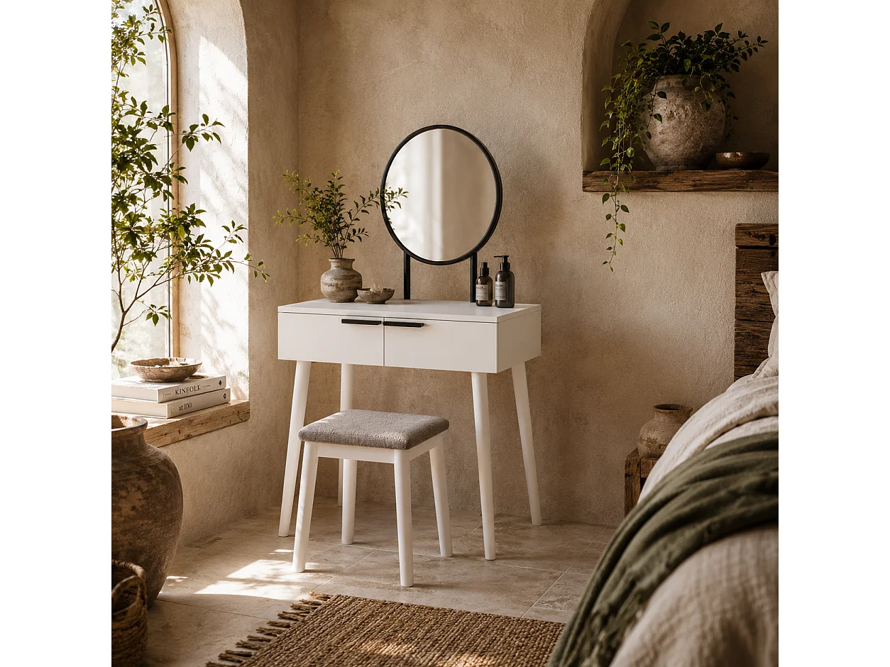 Comika White Dressing Table and Stool Set with Round Mirror 2 Drawers 60 x 40 x 123cm