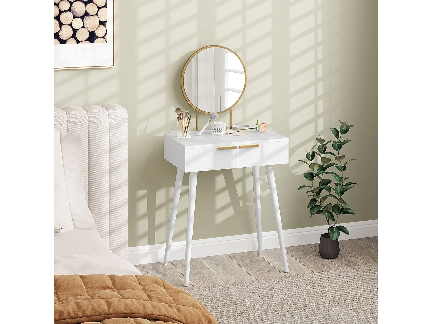 Sovaha White Dressing Table with Round Mirror and Drawers 60 x 40 x 123cm