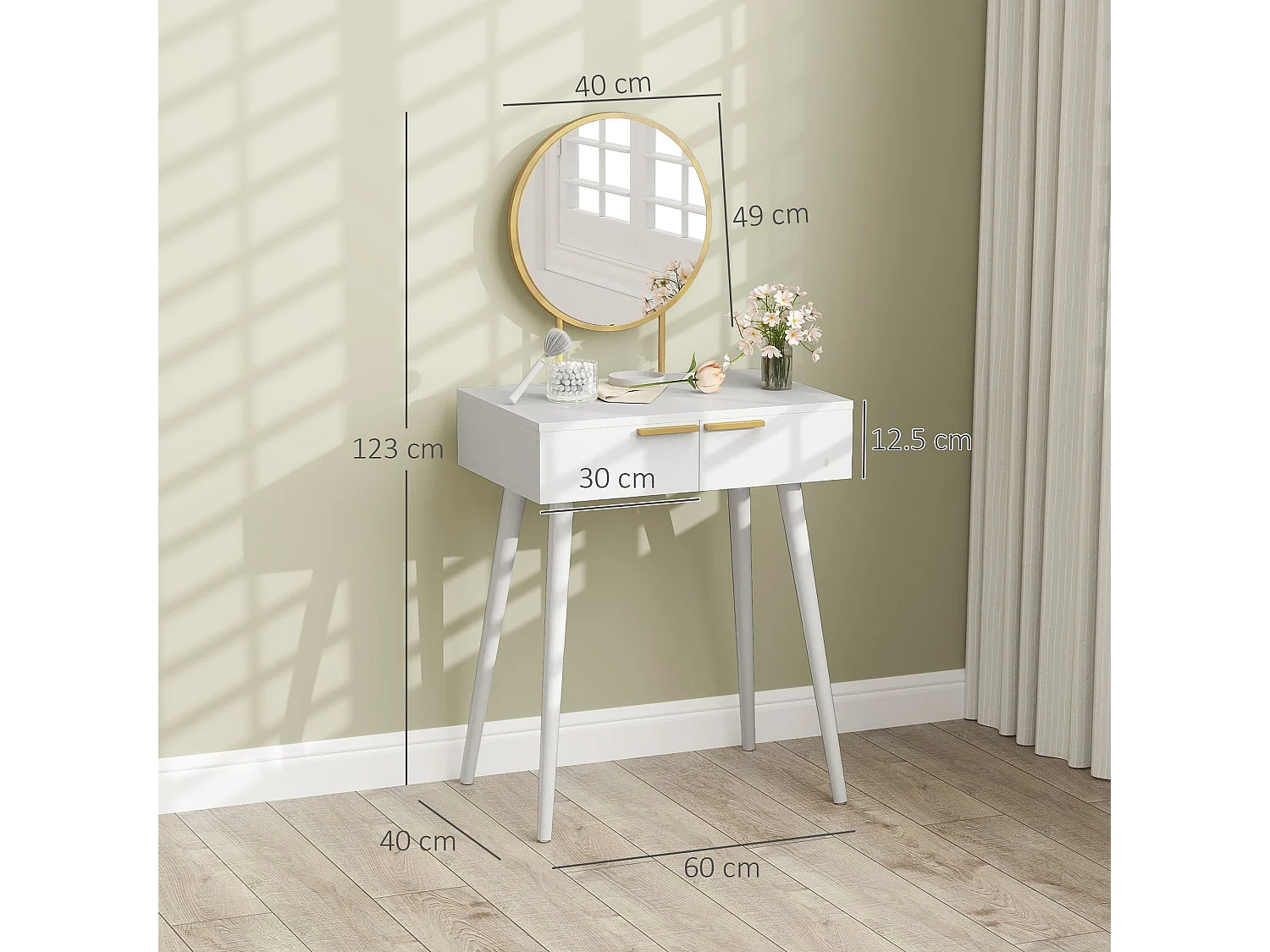 Sovaha White Dressing Table with Round Mirror and Drawers 60 x 40 x 123cm