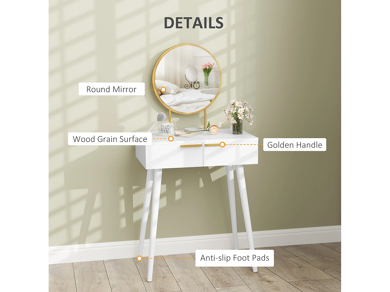 Sovaha White Dressing Table with Round Mirror and Drawers 60 x 40 x 123cm