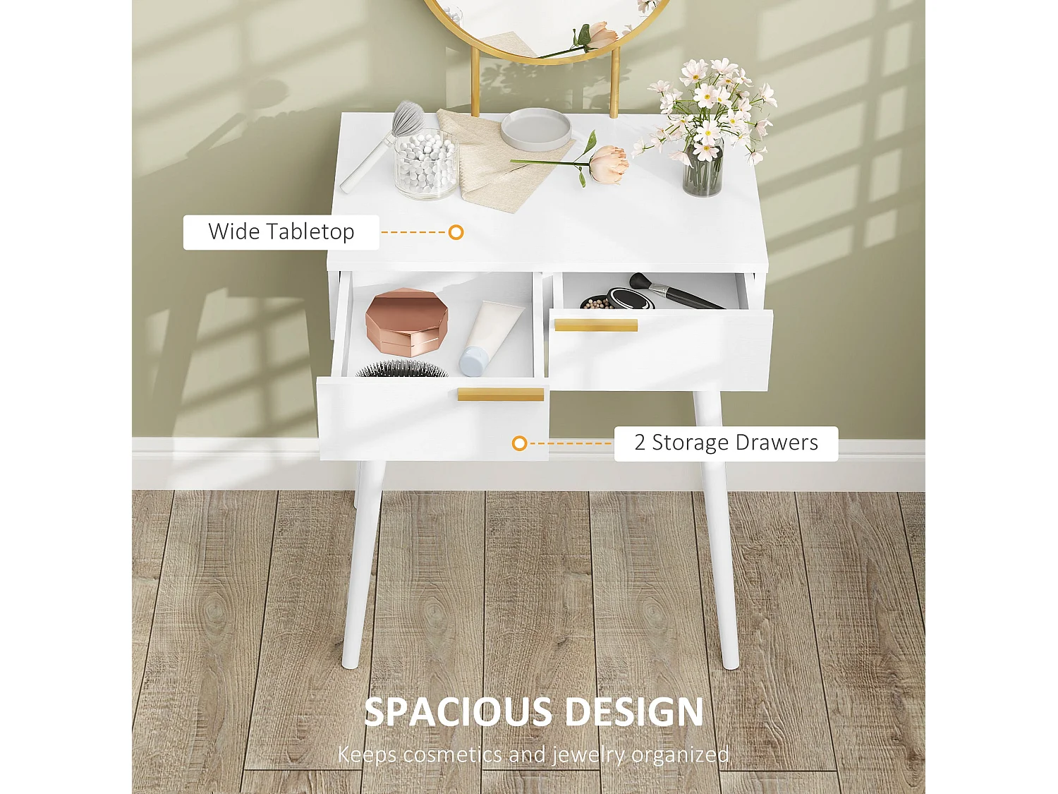 Sovaha White Dressing Table with Round Mirror and Drawers 60 x 40 x 123cm