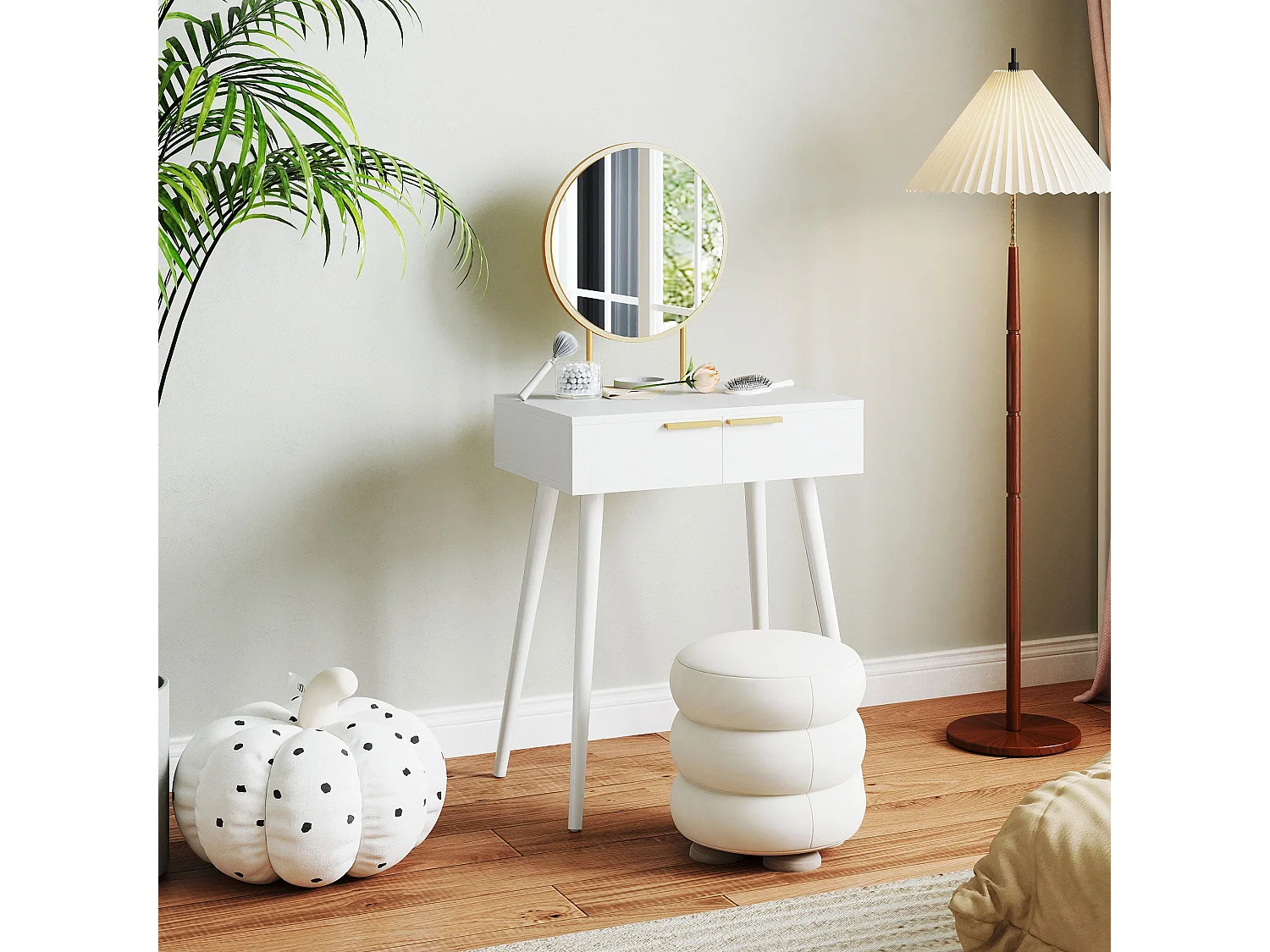 Sovaha White Dressing Table with Round Mirror and Drawers 60 x 40 x 123cm