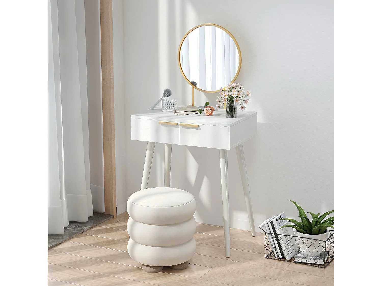 Sovaha White Dressing Table with Round Mirror and Drawers 60 x 40 x 123cm