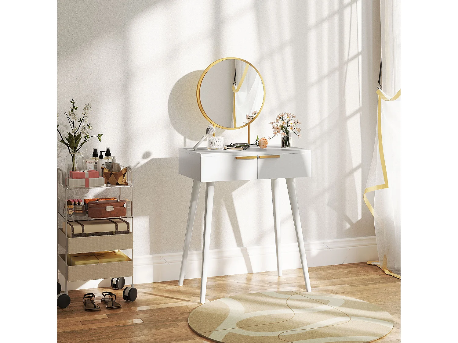 Sovaha White Dressing Table with Round Mirror and Drawers 60 x 40 x 123cm