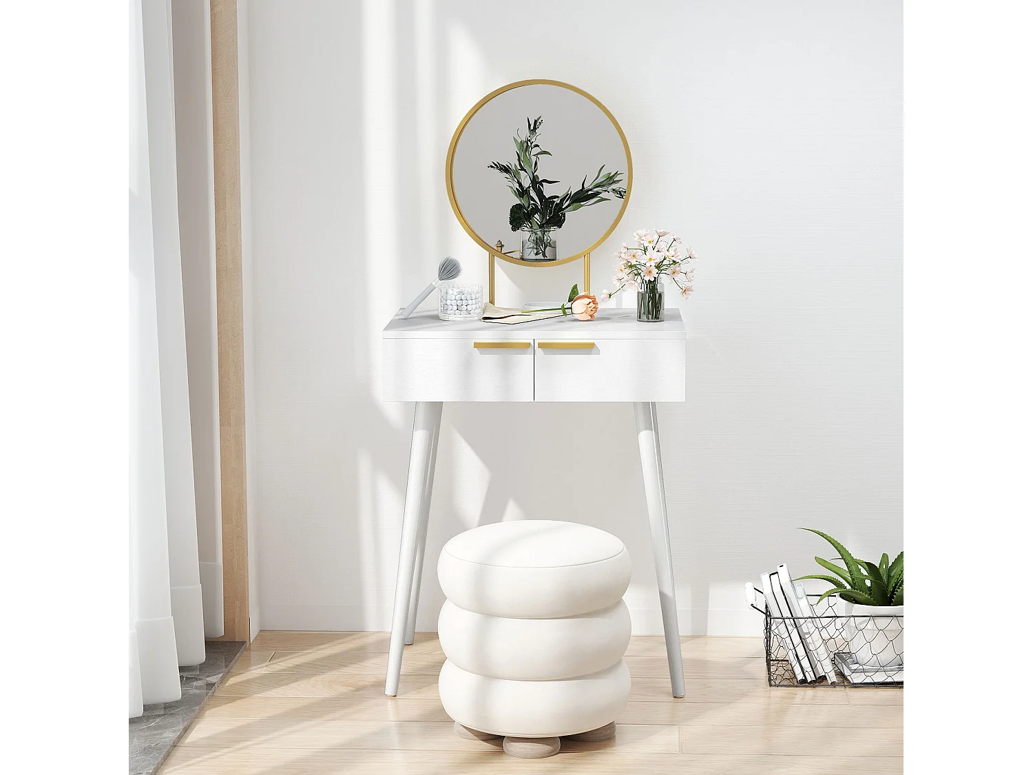 Sovaha White Dressing Table with Round Mirror and Drawers 60 x 40 x 123cm