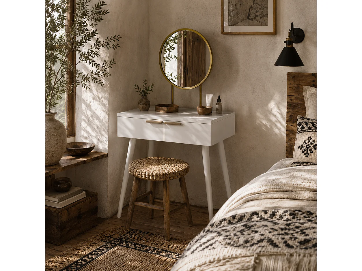 Sovaha White Dressing Table with Round Mirror and Drawers 60 x 40 x 123cm