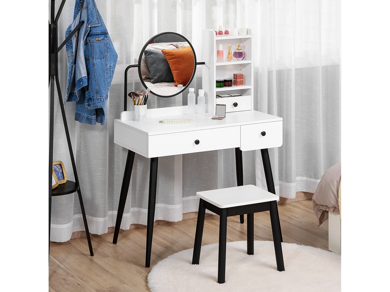 Viro White Dressing Table and Stool Set 3 Drawers with Open Shelving