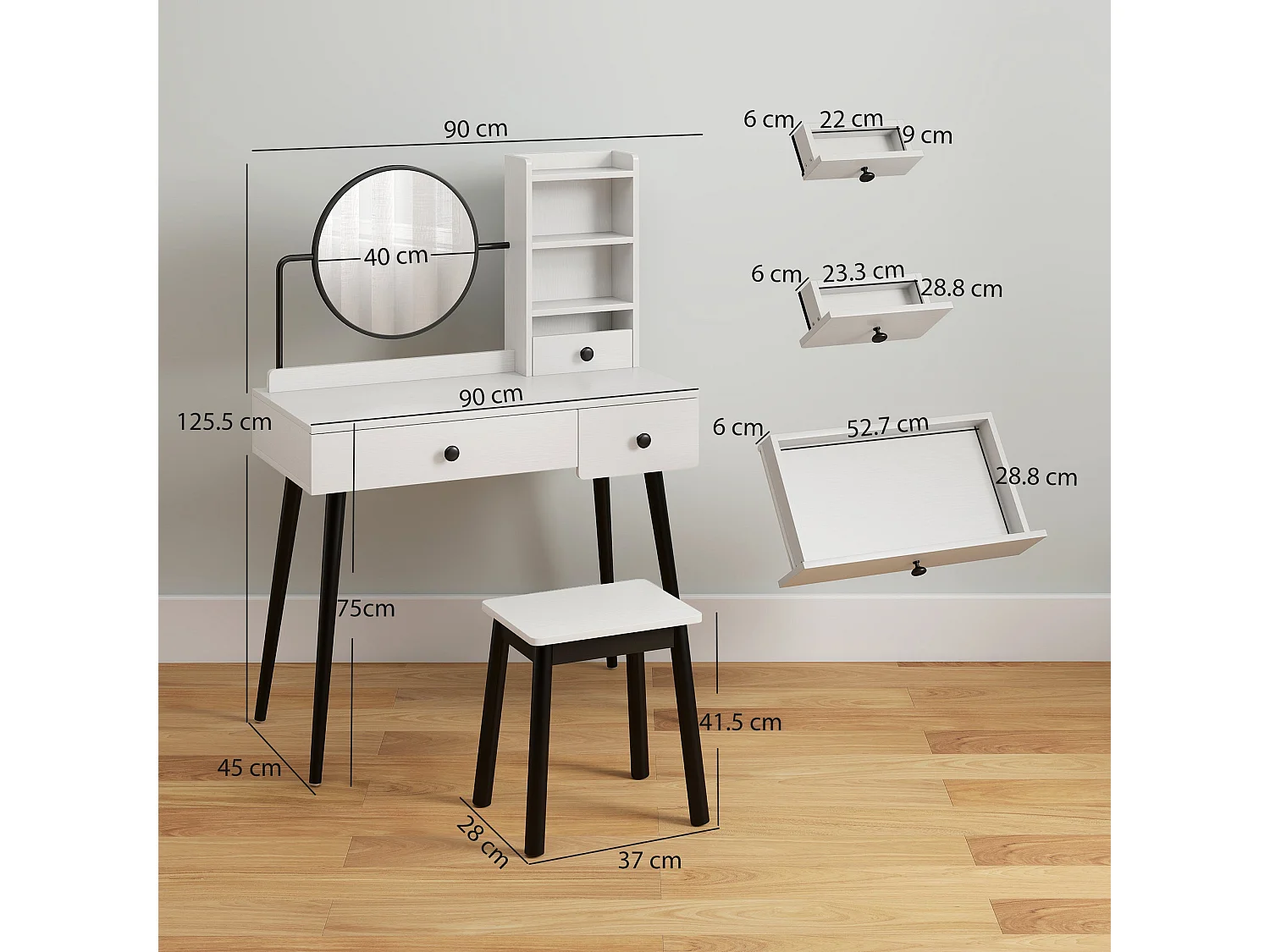 Viro White Dressing Table and Stool Set 3 Drawers with Open Shelving