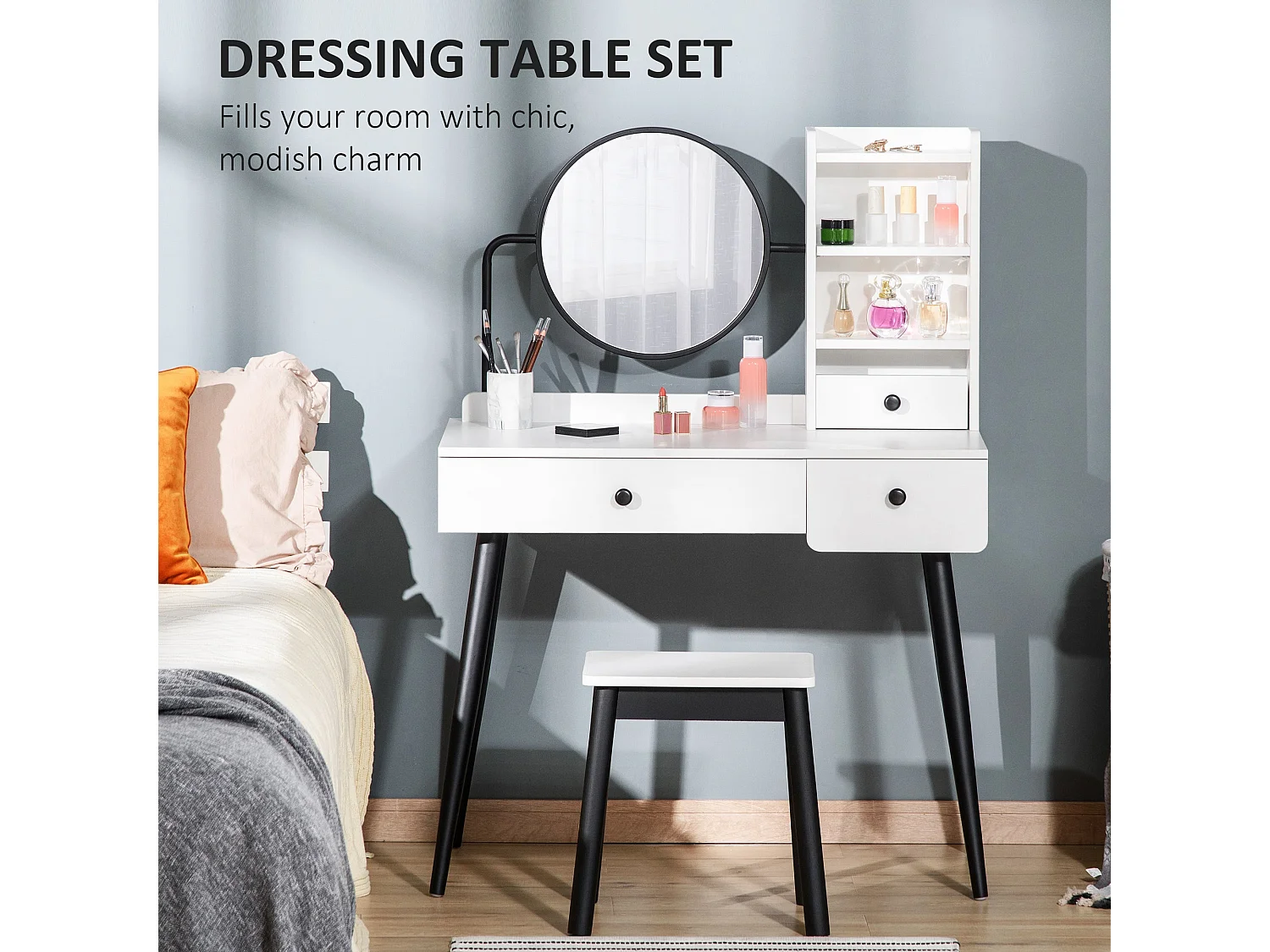 Viro White Dressing Table and Stool Set 3 Drawers with Open Shelving