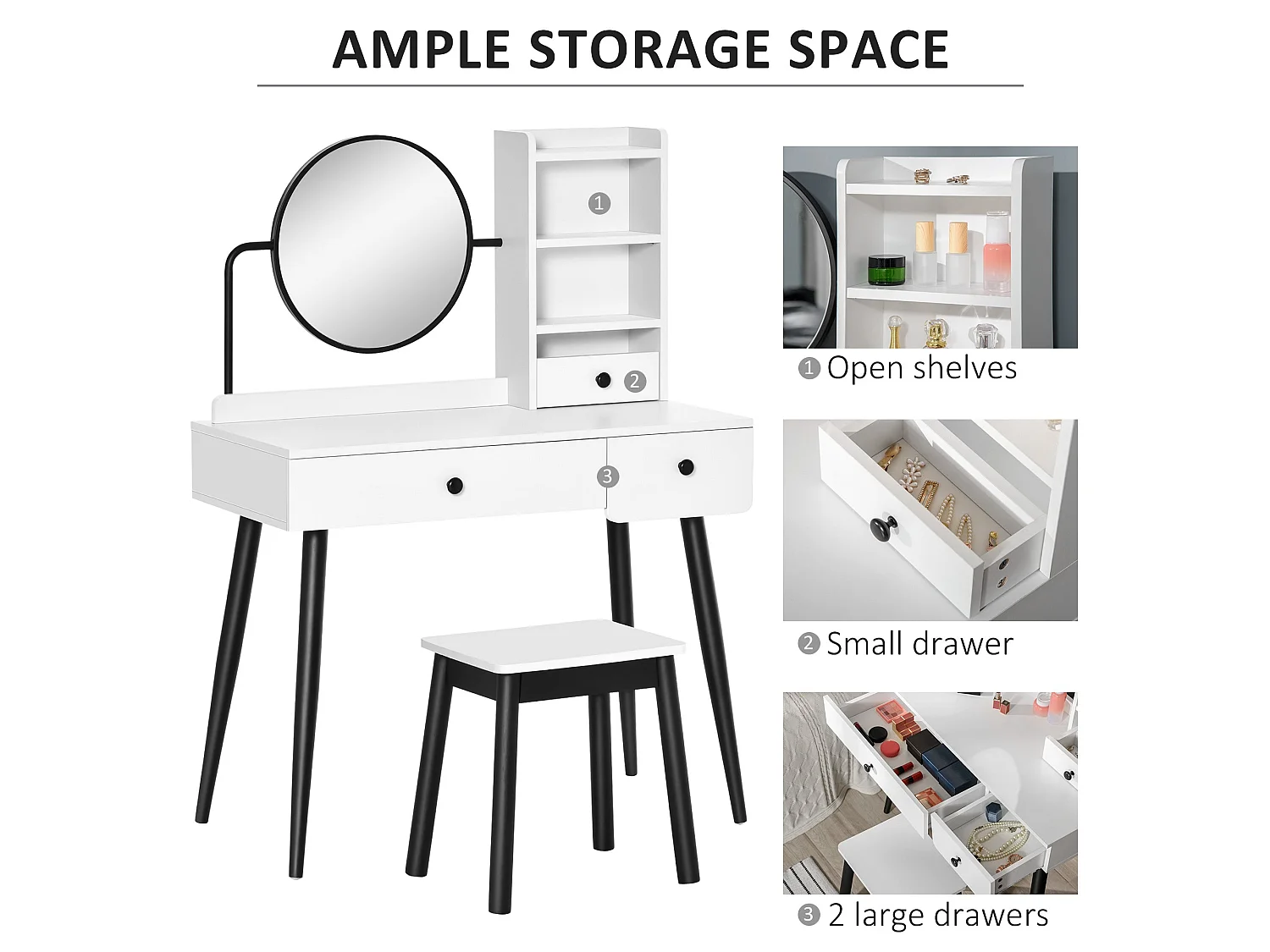 Viro White Dressing Table and Stool Set 3 Drawers with Open Shelving