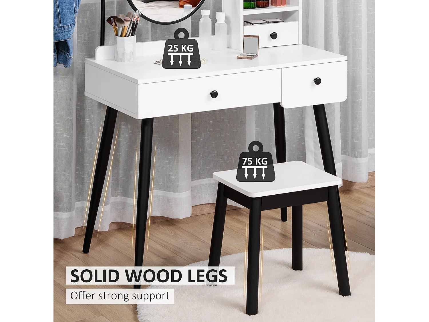 Viro White Dressing Table and Stool Set 3 Drawers with Open Shelving